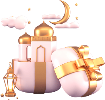 Ramadan Kareem Greeting elements background Islamic with decorative crescent moon , lantern , gift box , cloud , mosque and stars.   Gifts for holidays. png