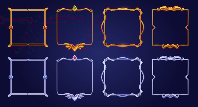 Set of square gold and silver ui game frames vector