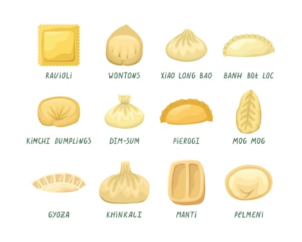 Vector set of illustrations of dumplings from different countries of the world. National cuisine.