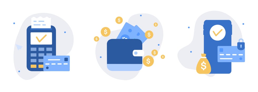Payment methods illustration set. Credit card for online shopping, financial cash transactions, transfer, bank card, e-wallet for buying process, monetary currencies. Flat web vector illustration.