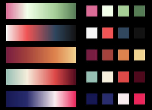 Christmas color palette. An example of a color scheme for christmas holiday. Forecast of the future color trend template. Gradient and solid color composition for modern design. Vector Eps 10.