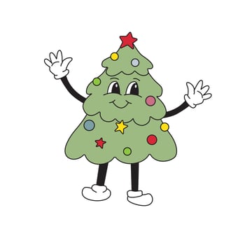 Cartoon Christmas tree mascot character 40s, 50s, 60s old animation style. Vintage comic in trendy cool retro style. vector