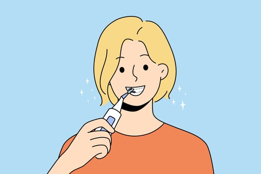 Smiling woman with braces clean teeth with dental irrigator. Happy female use brush take acre of oral hygiene. Dentistry and healthcare. Vector illustration.