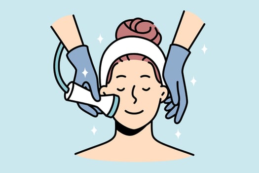 mulher gosta de tratamento de pele do rosto no salão. cliente do sexo feminino calma feliz tendo peeling de microdermoabrasão no spa. rotina de cuidados com a pele. ilustração vetorial. vetor