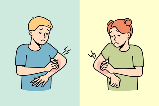 Small kids scratch arms suffer from seasonal allergy outdoors. Children feel itchy struggle with dermatitis or insect bite. Healthcare. Vector illustration.