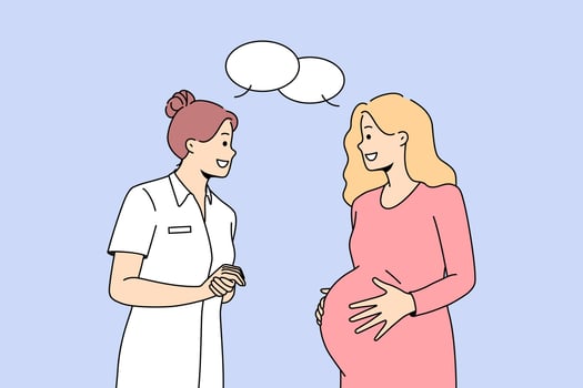 Gynecologist consult pregnant woman at hospital. Caring doctor or nurse talking with future mother. Pregnancy and maternity healthcare. Vector illustration.