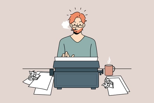 Man author typing on retro typewriter smoking cigarette. Concentrated typewriter working on vintage machine. Creative process concept. Vector illustration.