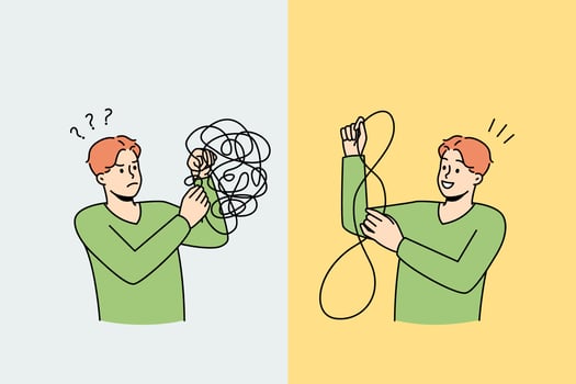 Man untangle puzzle find answers to mental problems. Unhappy and happy male after psychological session. Mind and stress relieve concept. Vector illustration.
