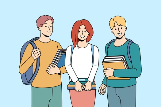 Portrait of smiling students with book and backpacks satisfied with education course. Happy people with textbooks at college or university. Vector illustration.