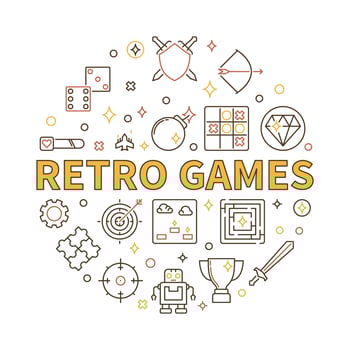 Retro Games vector round illustration in outline style
