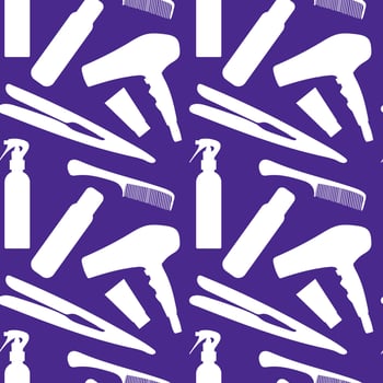Professional hairdresser tools Barbershop Beauty Hairdressing salon, hair straighteners, curling tongs, scissors Design for print. Vector Seamless pattern