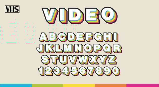 90's VHS Alphabet, Rainbow colors sans serif letters and numbers. Analog retro font. vector