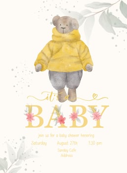 Its a Baby. Baby Shower lettering invitation template with watercolor plush toy and green leaf. vector