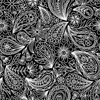 BLACK VECTOR SEAMLESS BACKGROUND WITH WHITE PAISLEY CONTOUR PATTERN