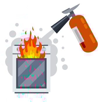 Fire fighting. Job of firefighter. Red fire extinguisher. The danger and problem with the cooking. Broken appliances stove. vector