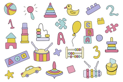 Vector set of children's educational toys in the doodle style.