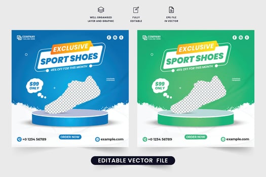 Exclusive sports shoe business template design with blue and green backgrounds. Modern shoe business promotional web banner vector. Sports sneakers sale social media post design. vector
