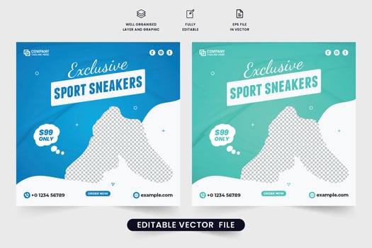 Sport shoe business social media post vector with green and blue colors. Modern sneakers business promotion template design with abstract shapes. Exclusive sports shoe sale template vector.