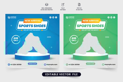 Sports shoe promotional web banner vector for business. Sports sneakers sale template design with blue and green colors. Exclusive shoe sale social media post vector for online advertisement.
