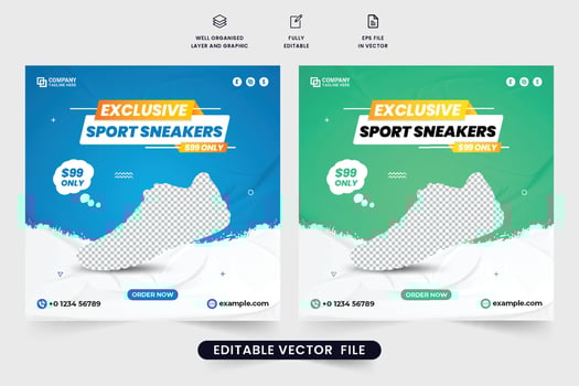 Sports sneakers sale template vector for online advertising. Exclusive shoe sale social media post design with blue and green colors. Sports shoe promotional web banner vector for business.