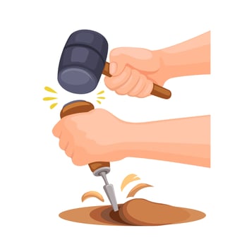 Hand holding chisel, wood sculpture craft work tool symbol illustration vector