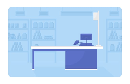 Pay desk at supermarket 2D vector isolated illustration. Grocery store flat interior on cartoon background. Cash desk arrangement colourful editable scene for mobile, website, presentation