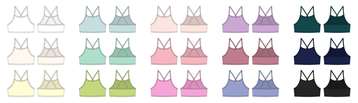 Set of girl bralette technical sketch. Women's top bra with straps underwear design template collection vector
