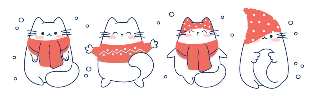 Draw funny cats for christmas and winter vector illustration character collection funny cats for Christmas and New year. Doodle cartoon style.