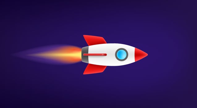 Flying space ship in space. Startup business concept. 3d vector illustration