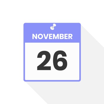 November 26 calendar icon. Date,  Month calendar icon vector illustration