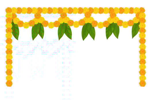 Traditional Indian flower garland with marigold flowers and mango leaves. Decoration for Indian Hindu holidays. Vector illustration isolated on white background.