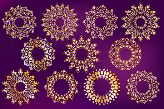 Set of Indian gold patterns. Vector illustration of design elements for oriental holidays and weddings.