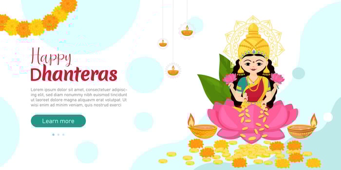 Goddess Lakshmi sitting on the lotus with of money and flowers in her hands. Design for holiday banner template. Traditional Indian festivals. Vector cartoon illustration.