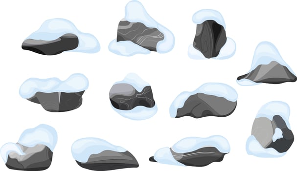 Collection of stones of various shapes In the snow.Coastal pebbles,cobblestones,gravel,minerals and geological formations.Rock fragments,boulders and building material. vector