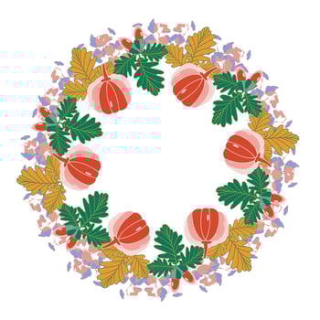Autumn holiday wreath with pumpkins, oak leaves, and eucalyptus branches vector illustration