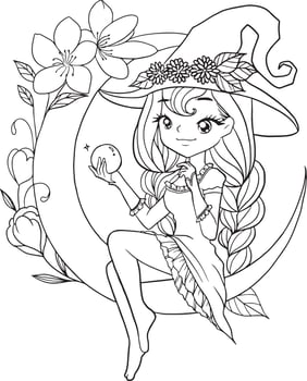 witch girl cartoon doodle kawaii anime coloring page cute illustration drawing clipart character chibi manga comics vector