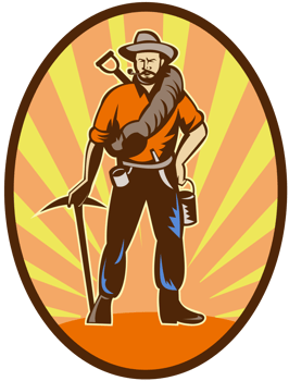 Miner, prospector or gold digger with pick axe and shovel png