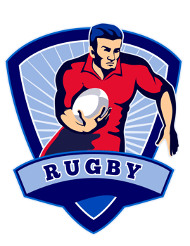 Rugby player running ball front shield png