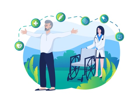 Healthy old man recover from illness. Illustration of healthcare and medical concept vector