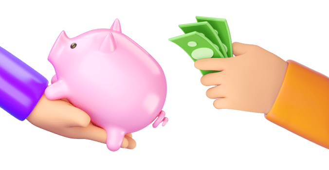 3d human hand holding Piggy bank and hand putting money into it png