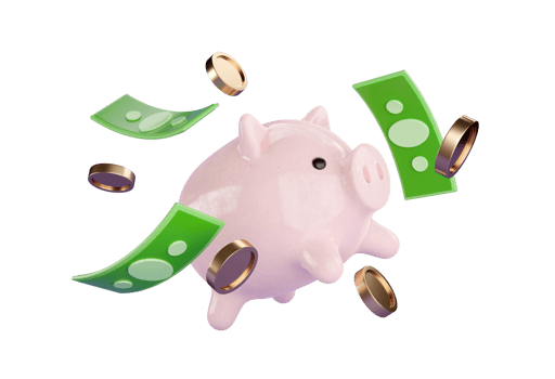 3d Piggy bank with falling gold coin and green cash money. png