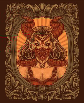 Illustration Demon girl with skull antique engraving style perfect for T-shirt, Hoodie, Jacket, Poster vector