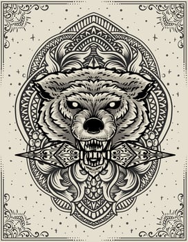 illustration wolf head with engraving ornament vector