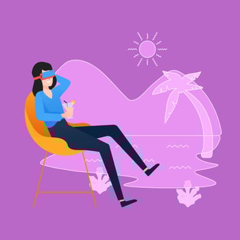 Woman wearing virtual reality headset with beach simulation vector