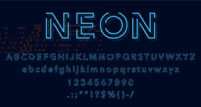 Slim neon font type, glow typeface letters, signs vector