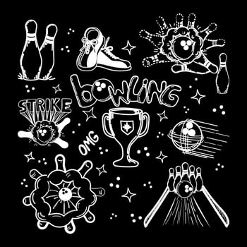 A set of hand-drawn elements with a bowling theme. Bowling ball, pins, shoes. Cup. Victory. Handwritten inscription strike . The ball smashes the pins. Bowling lane. Skittles. Sport. The game. Hit vector