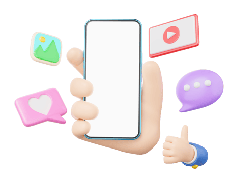 3D human hand holding smartphone. Social media icon with love, like, photo, play video, comment floating on isolated. Mobile phone blank white screen. Mockup Cartoon minimal smooth style. 3d render. png