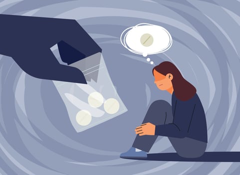 A woman is sitting depressed and thinking about drugs. She is suggesting her drugs to her bad temptation hand. vector