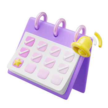 3D Calendar notification icon. Purple calender with check mark in date, bell floating on transparent. Star day for event, holiday plan, business reminder concept. 3d render cartoon icon smooth. png