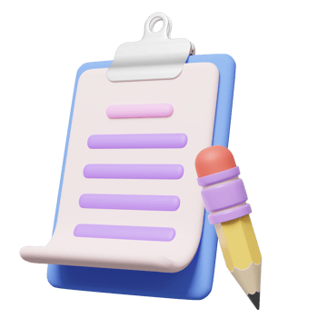 3D Clipboard, white sheet and pencil floating on transparent. Copywriting, notepad, writing on document, note taking, project plan concept. Cartoon icon minimal style. 3d render with clipping path png